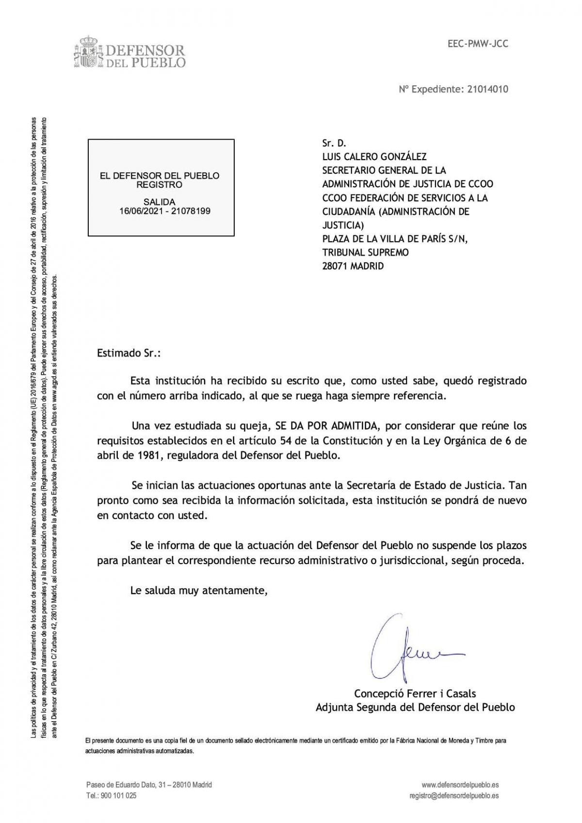 Admisión a trámite de la queja de CCOO por el inaceptable retraso en los procesos selectivos de Justicia