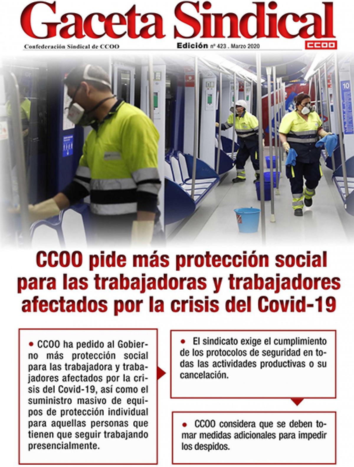 CCOO pide ms proteccin social para las trabajadoras y trabajadores afectados por la crisis del COVID-19
