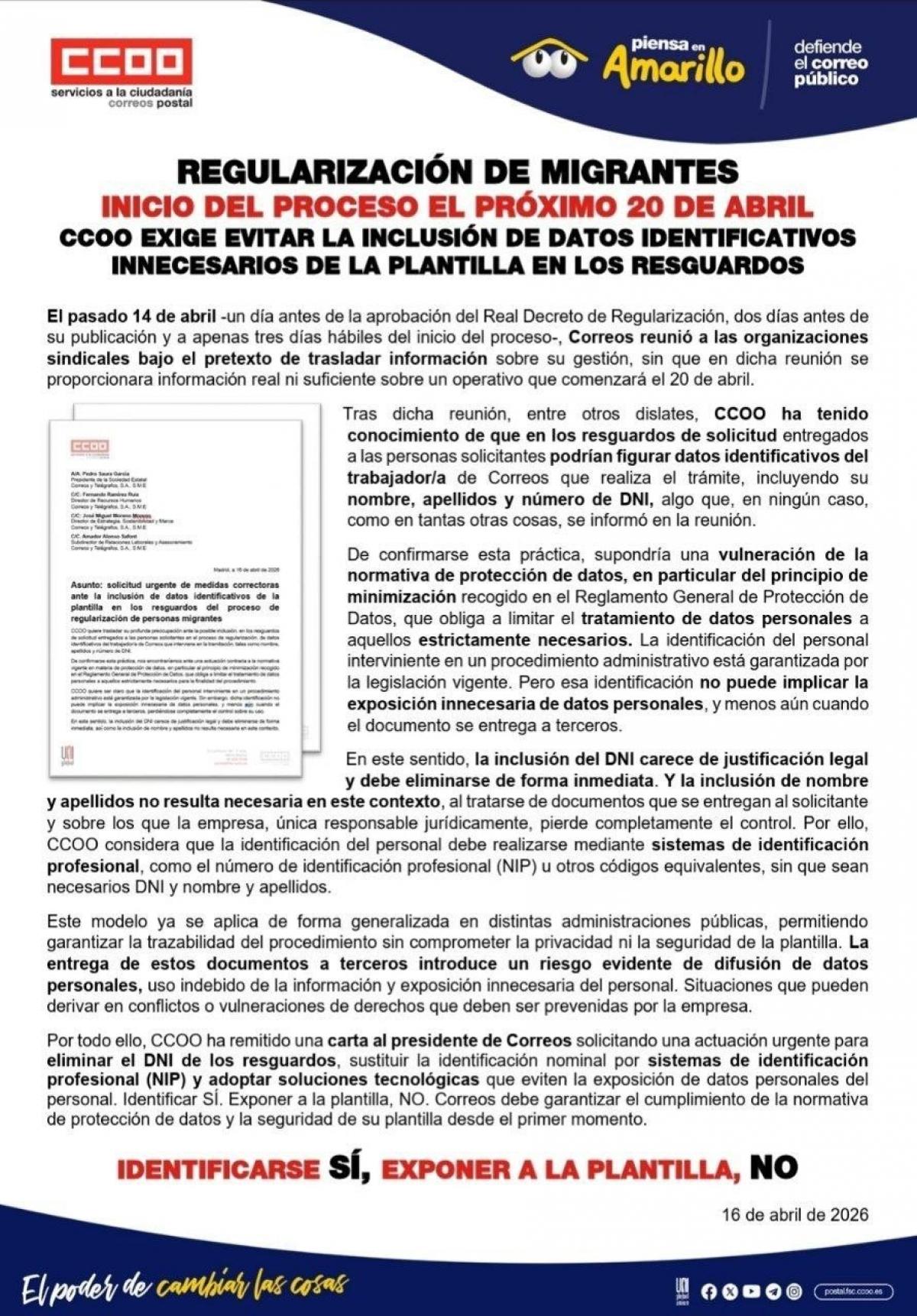 CCOO exige evitar la inclusión de datos identificativos innecesarios de la plantilla en los resguardos