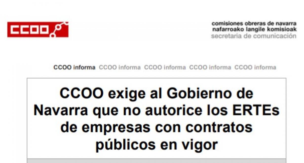 CCOO exige al Gobierno de Navarra que no autorice los ERTEs de empresas con contratos pblicos en vigor