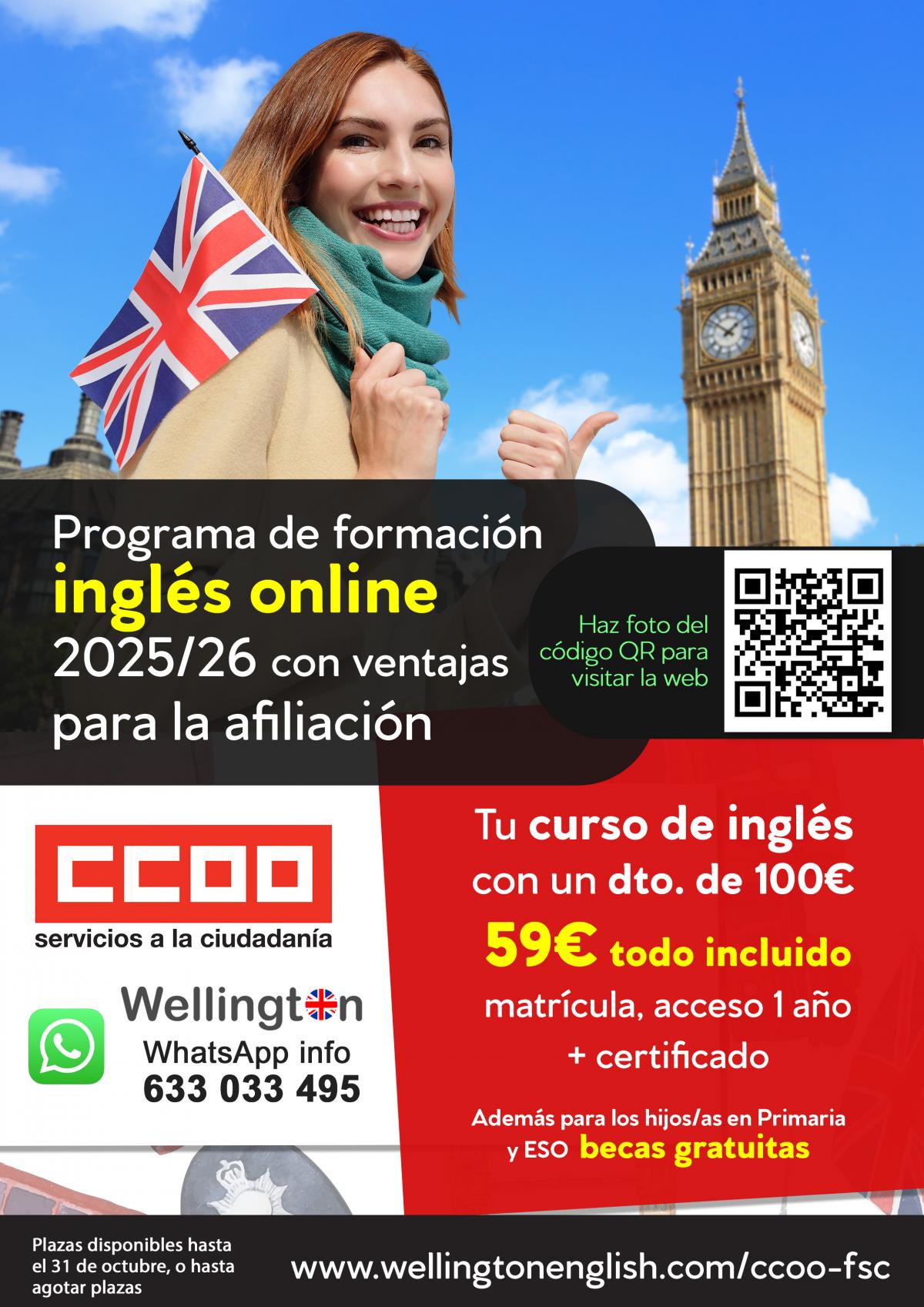 FSC-CCOO y Wellington Learning International renuevan la oferta de inglés para las personas afiliadas a CCOO y sus descendientes directos por 59€ al año