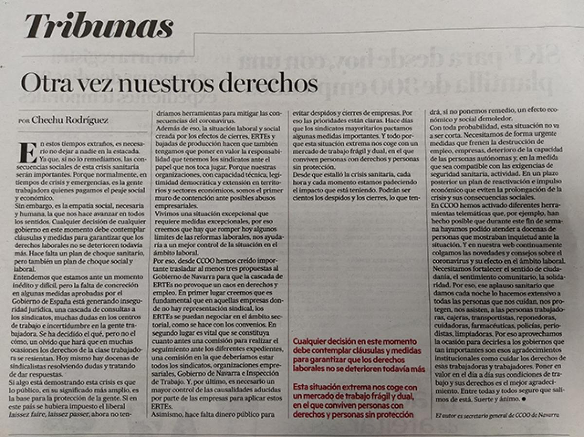 Artculo de Chechu Rodrguez, Secretario General de CCOO Navarra. Diario de Noticias, 18 de marzo de 2020