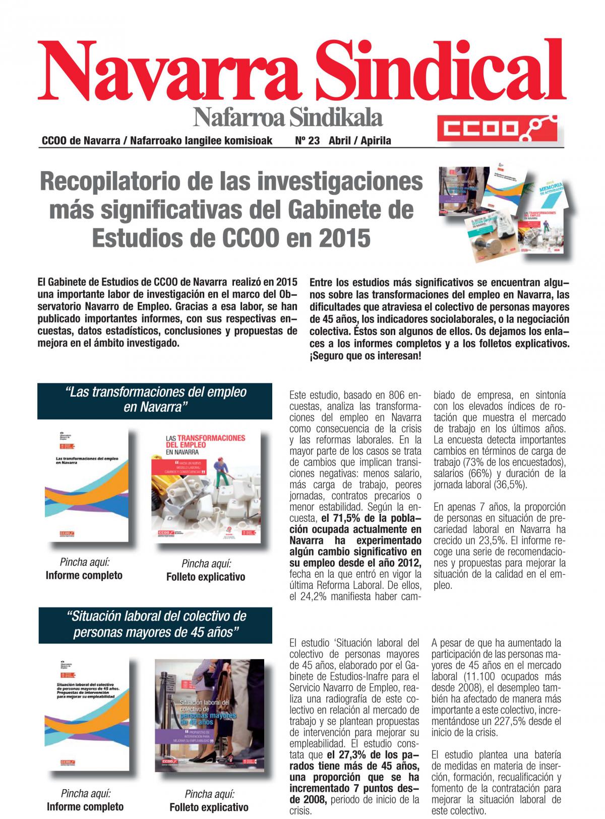 Recopilatorio de las investigaciones ms significativas del Gabinete de Estudios de CCOO en 2015