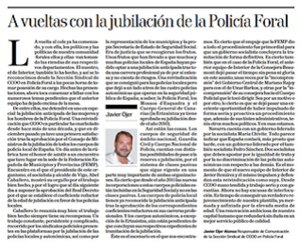 Artculo de Javier Ojer, Responsable de Comunicacin de la Seccin Sindical de CCOO en Polica Foral